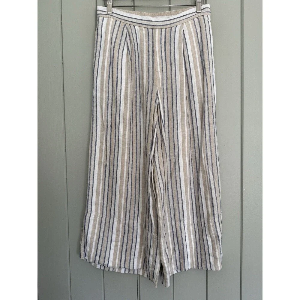 Banana Republic Wide Leg Linen Blend Pants S Small Beachy Blue Ivory Stripe